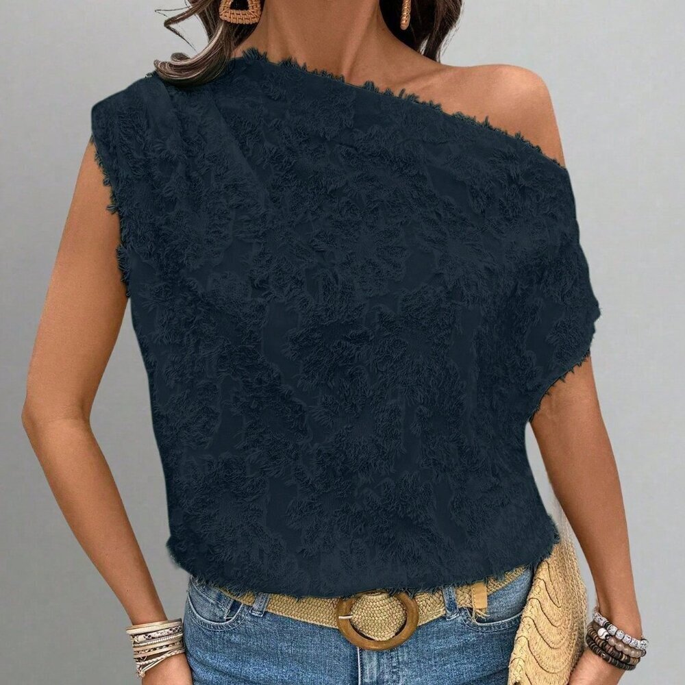 Navy Blue Elegant Women's Textured Pleated Casual Blouse